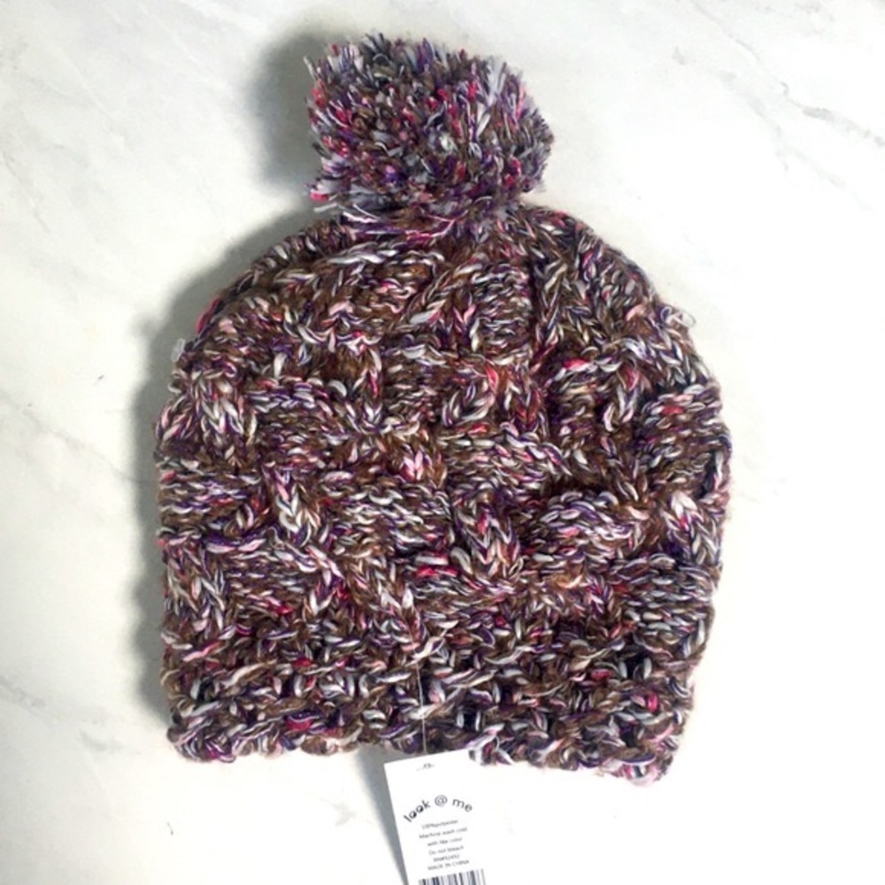 Women’s Beanie - Chunky Knit - Pom - Purple Multicolor - OSFM NWT